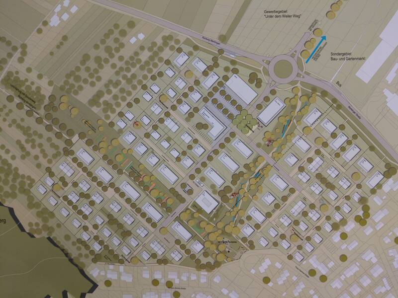 Eine Planzeichnung für das Baugebiet Häugern-Nord mit Flächen für Gebäude und Pflanzen. 