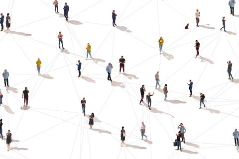 Viele verschiedene Menschen sind durch Linien miteinander verbunden und bilden so ein Netzwerk.